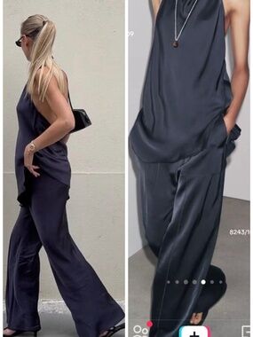 Zara Woman Collection Satin Trousers Flared Bottom Color Petrol Blue Size Small